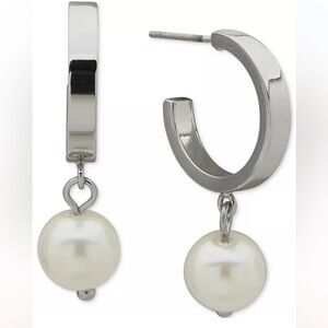 NWT! Karl Lagerfeld Silver-Tone and Glass White Pearl Hoop Earrings